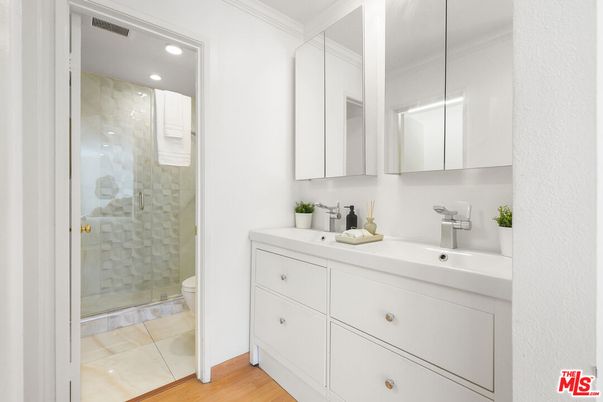 Bathroom, Glass Shower, Interior, Recessed Lighting, Wood Texture Flooring