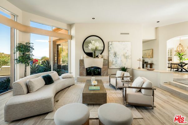 Dining room, Fireplace, Interior, Living room, Pendant Lights, Recessed Lighting, Wood Texture Flooring