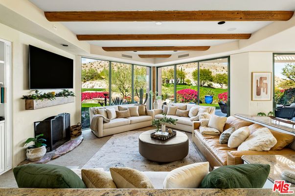 Fireplace, Interior, Living room, Recessed Lighting, Wooden Beams