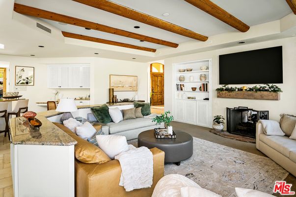 Fireplace, Interior, Living room, Recessed Lighting, Wooden Beams