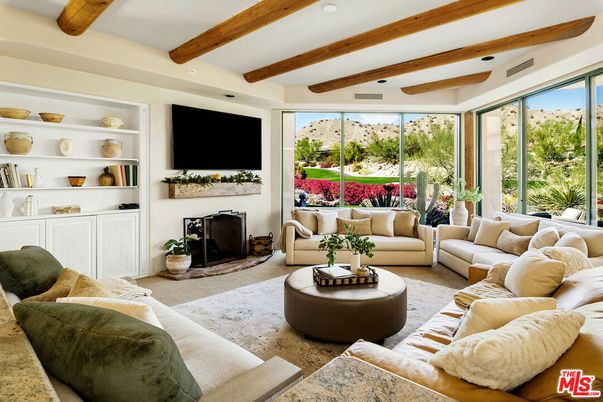 Fireplace, Interior, Living room, Recessed Lighting, Wooden Beams