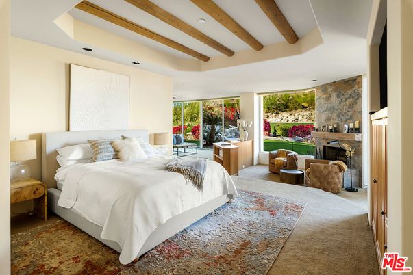 Bedroom, Fireplace, Interior, Recessed Lighting, Stone Walls, Wooden Beams