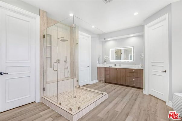 Bathroom, Glass Shower, Interior, Recessed Lighting, Wood Texture Flooring