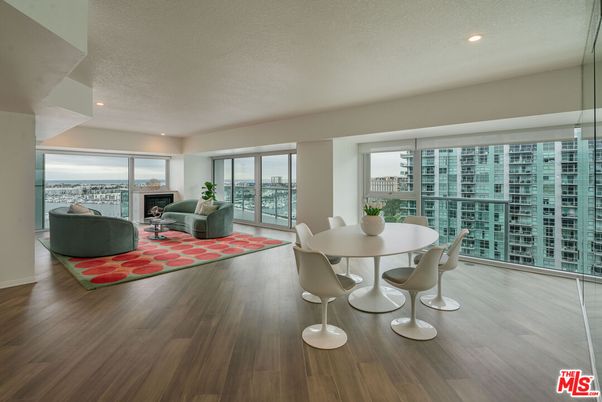 Dining room, Fireplace, Interior, Living room, Recessed Lighting, Wood Texture Flooring