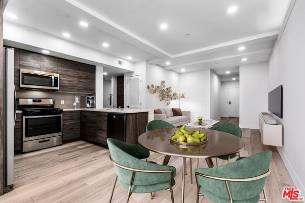 Dining room, Interior, Kitchen, Recessed Lighting, Stainless Steel Appliances, Wood Texture Flooring