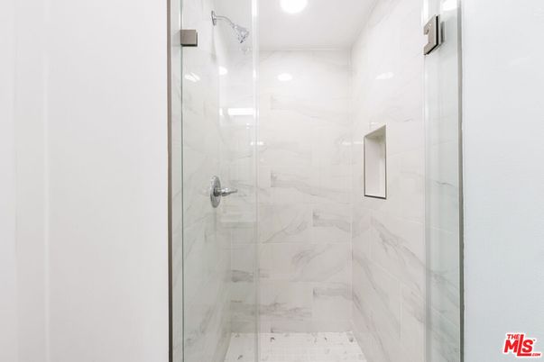 Bathroom, Glass Shower, Interior, Marble Walls, Recessed Lighting