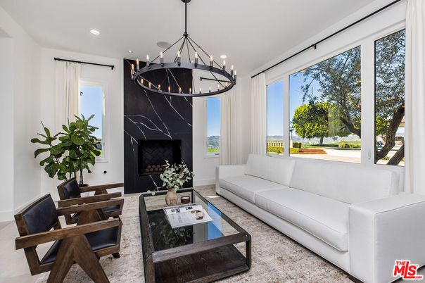 Chandelier, Fireplace, Interior, Living room, Marble Walls, Recessed Lighting
