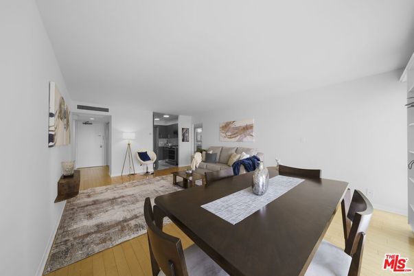 Dining room, Interior, Living room, Recessed Lighting, Wood Texture Flooring