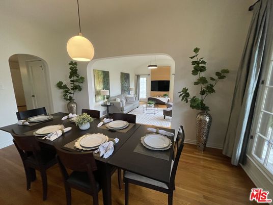 Dining room, Interior, Living room, Pendant Lights, Wood Texture Flooring