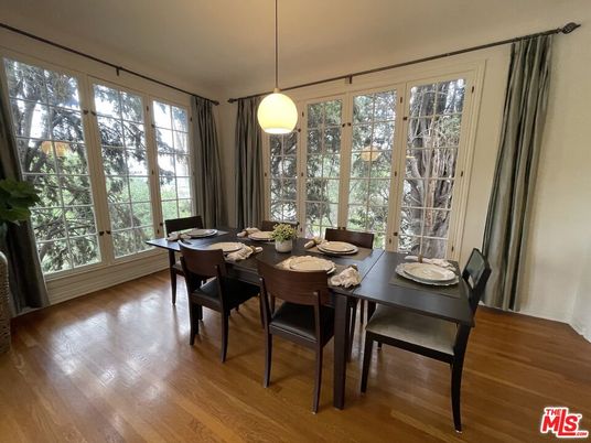 Dining room, Interior, Pendant Lights, Wood Texture Flooring
