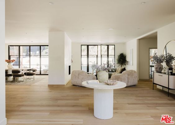 Dining room, Fireplace, Interior, Living room, Recessed Lighting, Wood Texture Flooring