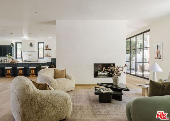 Fireplace, Interior, Kitchen, Living room, Pendant Lights, Recessed Lighting, Wood Texture Flooring