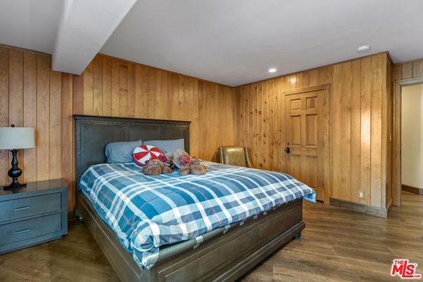 Bedroom, Interior, Recessed Lighting, Wood Texture Flooring, Wooden Walls