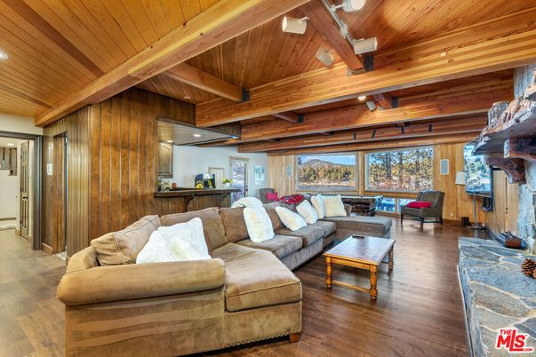 Fireplace, Interior, Living room, Recessed Lighting, Wooden Beams, Wooden Ceilings, Wood Texture Flooring, Wooden Walls
