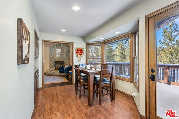 Dining room, Fireplace, Interior, Recessed Lighting, Wood Texture Flooring