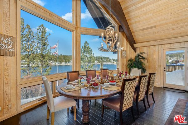 Chandelier, Dining room, Interior, Water, Wooden Ceilings, Wood Texture Flooring, Wooden Walls