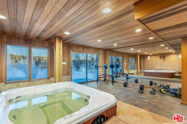 Billiard Table, Game Room, Hot Tub, Interior, Recessed Lighting, Wooden Ceilings, Wood Texture Flooring, Wooden Walls