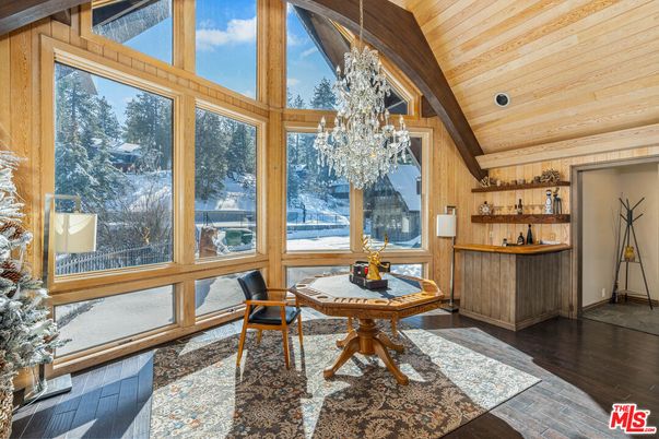 Chandelier, Interior, Sun Room, Wooden Ceilings, Wood Texture Flooring, Wooden Walls