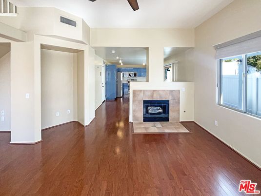 Empty room, Fireplace, Interior, Kitchen, Wood Texture Flooring