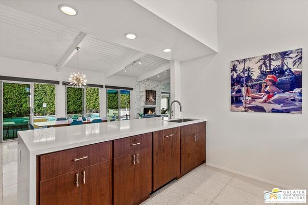 Fireplace, Interior, Kitchen, Pendant Lights, Recessed Lighting, Stone Walls