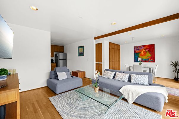 Dining room, Interior, Kitchen, Living room, Recessed Lighting, Stainless Steel Appliances, Wood Texture Flooring