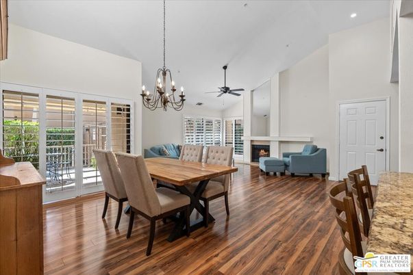 Chandelier, Dining room, Fireplace, Interior, Living room, Recessed Lighting, Wood Texture Flooring