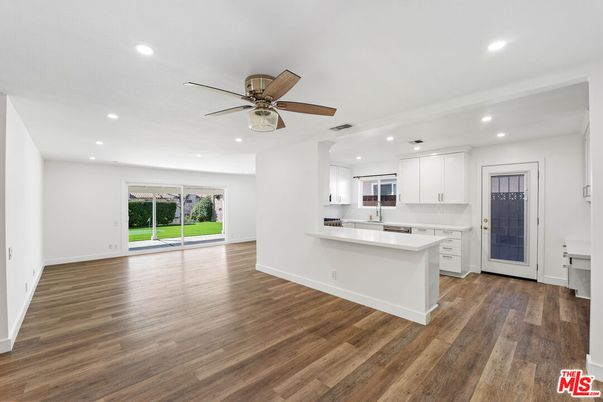 Empty room, Interior, Kitchen, Recessed Lighting, Wood Texture Flooring