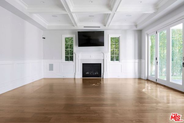Empty room, Fireplace, Interior, Recessed Lighting, Wood Texture Flooring