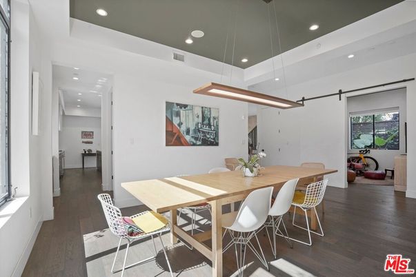 Dining room, Interior, Pendant Lights, Recessed Lighting, Wood Texture Flooring