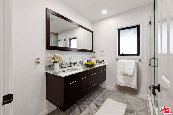 Bathroom, Dual Sink Vanities, Glass Shower, Interior, Marble, Recessed Lighting