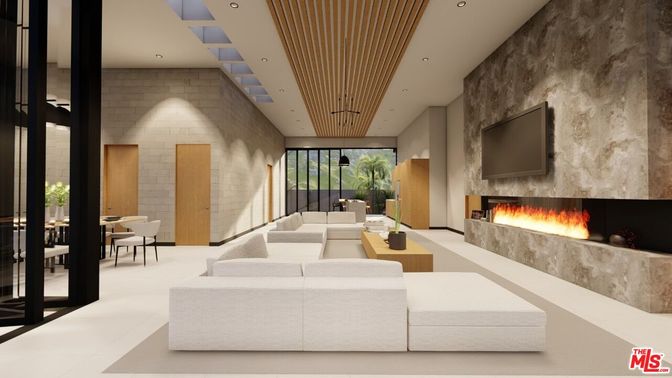 Dining room, Fireplace, Interior, Living room, Recessed Lighting, Stone Walls