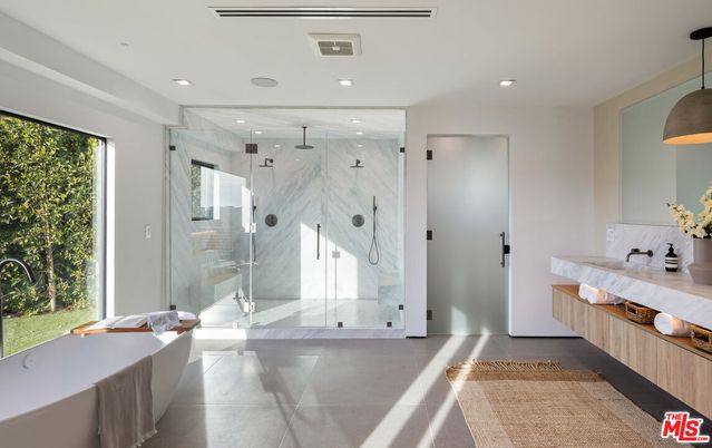 Bathroom, Free Standing Baths, Glass Shower, Interior, Marble Walls, Recessed Lighting