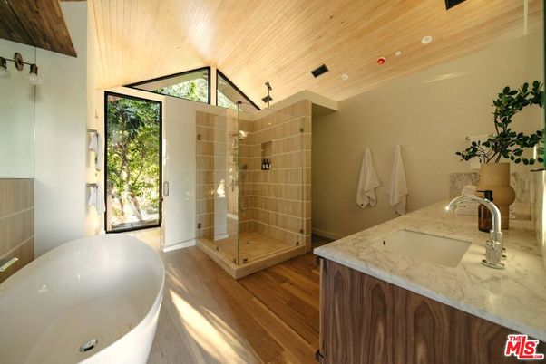Bathroom, Free Standing Baths, Glass Shower, Interior, Recessed Lighting, Wooden Ceilings, Wood Texture Flooring