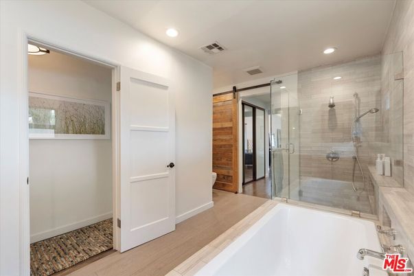 Bathroom, Glass Shower, Interior, Recessed Lighting, Wood Texture Flooring