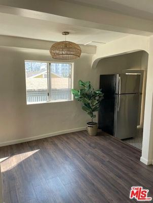 Chandelier, Interior, Kitchen, Pendant Lights, Stainless Steel Appliances, Wood Texture Flooring