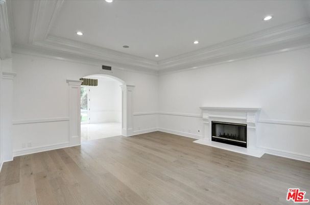 Empty room, Fireplace, Interior, Recessed Lighting, Wood Texture Flooring
