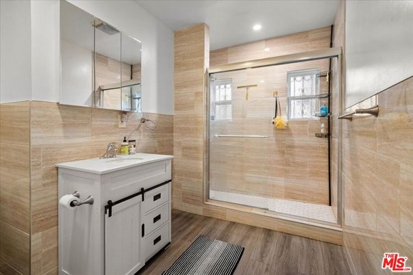 Bathroom, Glass Shower, Interior, Recessed Lighting, Wood Texture Flooring