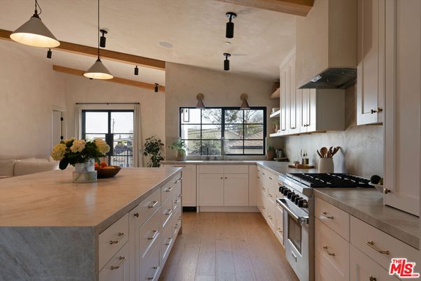 Interior, Kitchen, Pendant Lights, Stainless Steel Appliances, Wooden Beams, Wood Texture Flooring