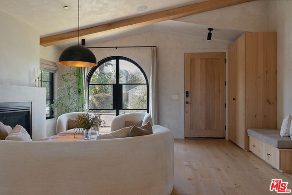 Fireplace, Interior, Living room, Pendant Lights, Wooden Beams, Wood Texture Flooring