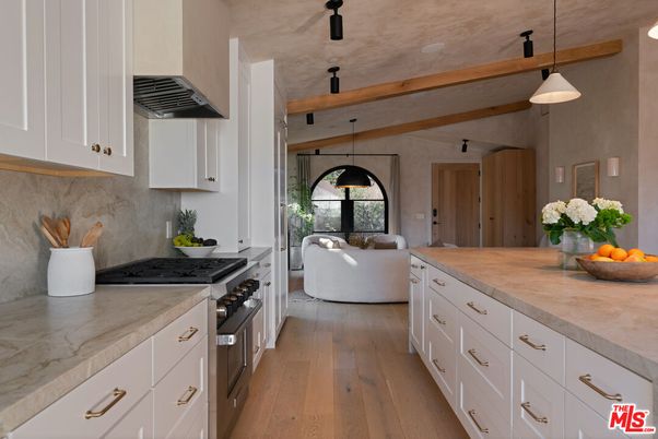 Interior, Kitchen, Living room, Pendant Lights, Stainless Steel Appliances, Wooden Beams, Wood Texture Flooring
