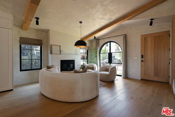 Fireplace, Interior, Living room, Pendant Lights, Wooden Beams, Wood Texture Flooring