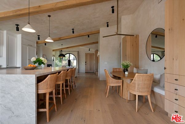 Dining room, Interior, Kitchen, Pendant Lights, Wooden Beams, Wood Texture Flooring