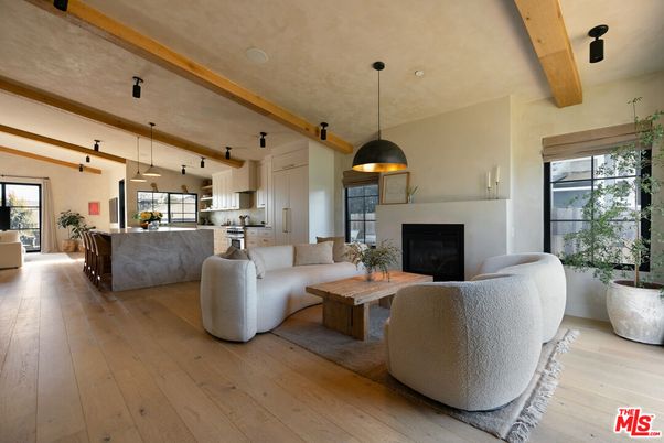 Fireplace, Interior, Kitchen, Living room, Pendant Lights, Wooden Beams, Wood Texture Flooring