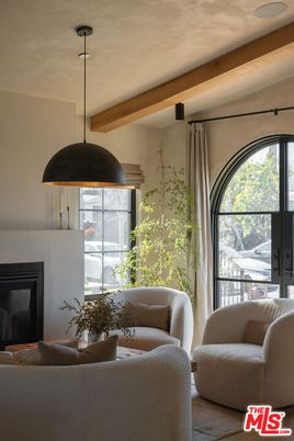 Fireplace, Interior, Living room, Pendant Lights, Wooden Beams
