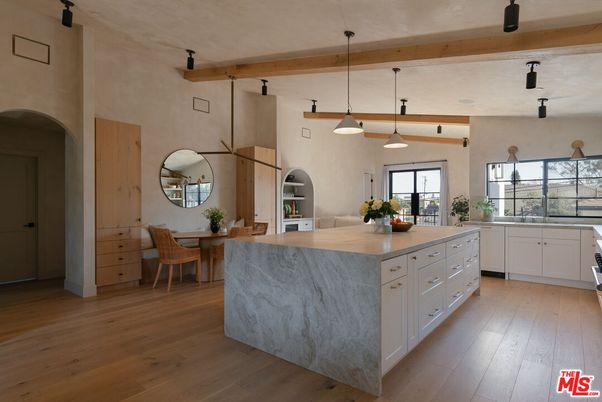 Dining room, Interior, Kitchen, Pendant Lights, Wooden Beams, Wood Texture Flooring