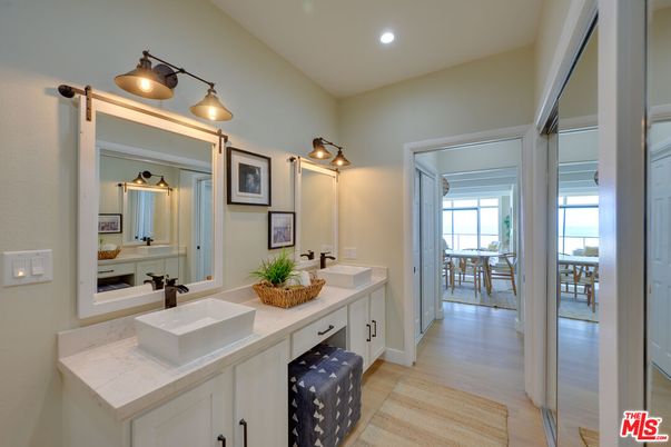 Bathroom, Dual Sink Vanities, Interior, Recessed Lighting, Wood Texture Flooring