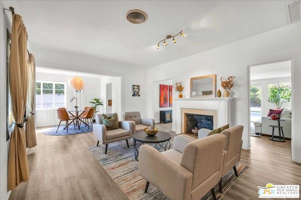 Dining room, Fireplace, Interior, Living room, Pendant Lights, Wood Texture Flooring