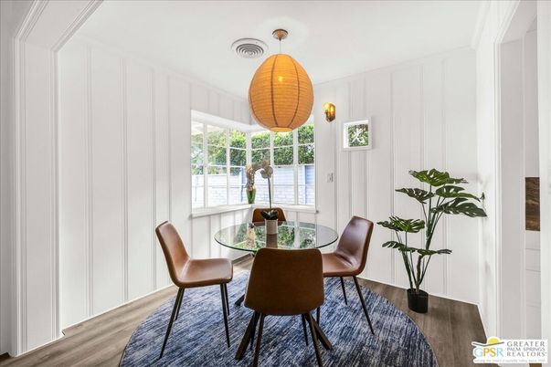 Dining room, Interior, Pendant Lights, Wood Texture Flooring
