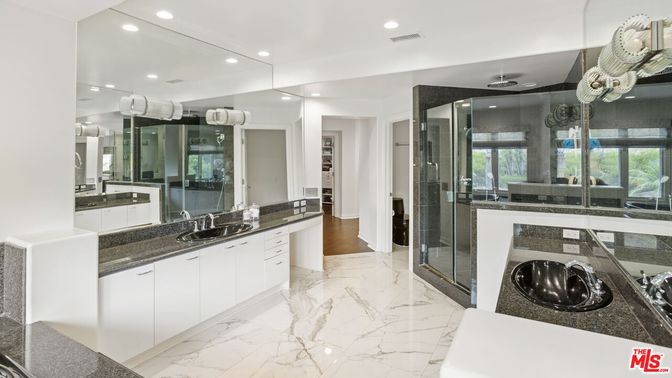 Bathroom, Dual Sink Vanities, Glass Shower, Interior, Marble, Recessed Lighting