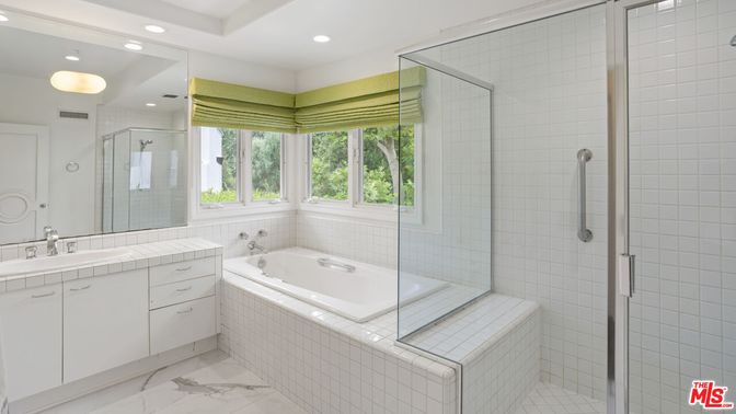 Bathroom, Dual Sink Vanities, Glass Shower, Interior, Marble, Recessed Lighting, Tile Countertops